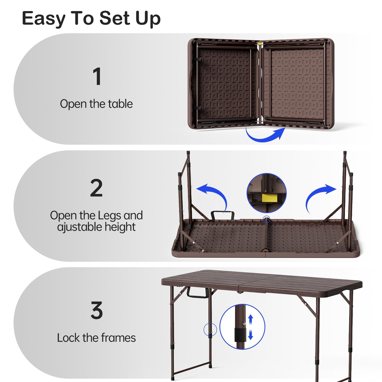 VSOAEIL Set of 2 Folding Table 4 Foot for Indoor Outdoor, Portable Heavy Duty Fold-in-Half Utility Small Plastic Adjustable Height Folding with Carrying Handle for Picnic and Party, 2 Pack Brown