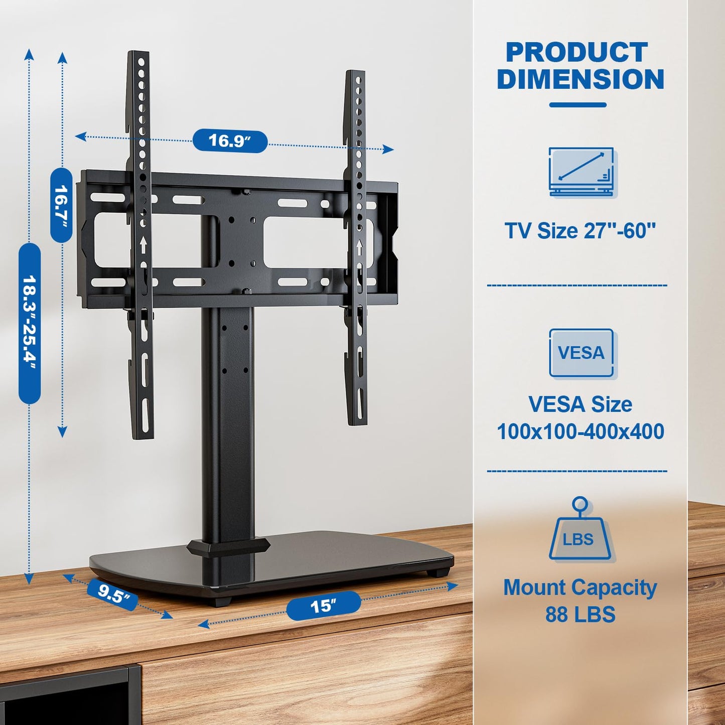 HOLMAXD Universal TV Stand for 27-60 Inch TVs with Swivel Mount, Height Adjustable Table Top TV Stand Mount, Heavy Duty Tempered Glass Base, TV Pedestal Stand Holds up to 88 lbs, VESA 400x400mm
