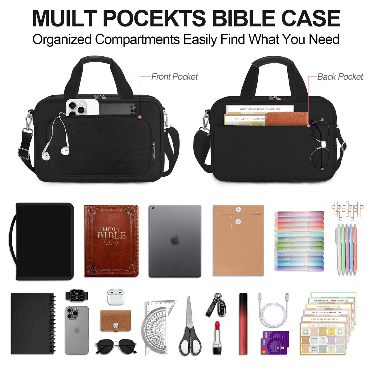 IBOVODI Bible Cover Case for Men Women with Highlighters Tabs Pens Cross Clips Large Church Bag with Zippered Pocket and Handle, Bible Study Supplies Bible Journaling Kit Book Carrying Case (Black)