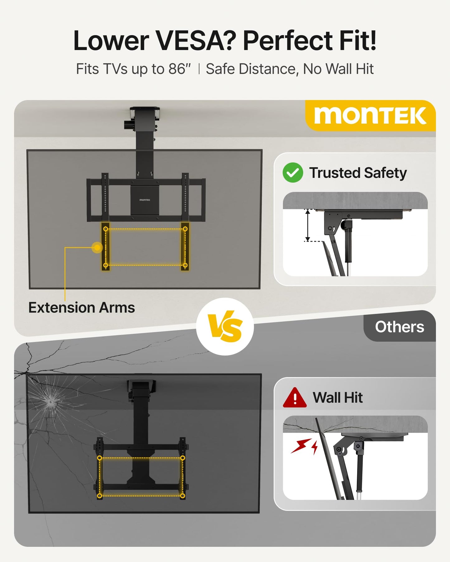 monTEK Motorized Ceiling TV Mount for 32-75 Inch TVs up to 121lbs, Heavy-Duty Electric Flip Down Ceiling Mount, Off-Center TV Compatible, Remote/App/Voice Control, Fits Flat & Pitched Roof
