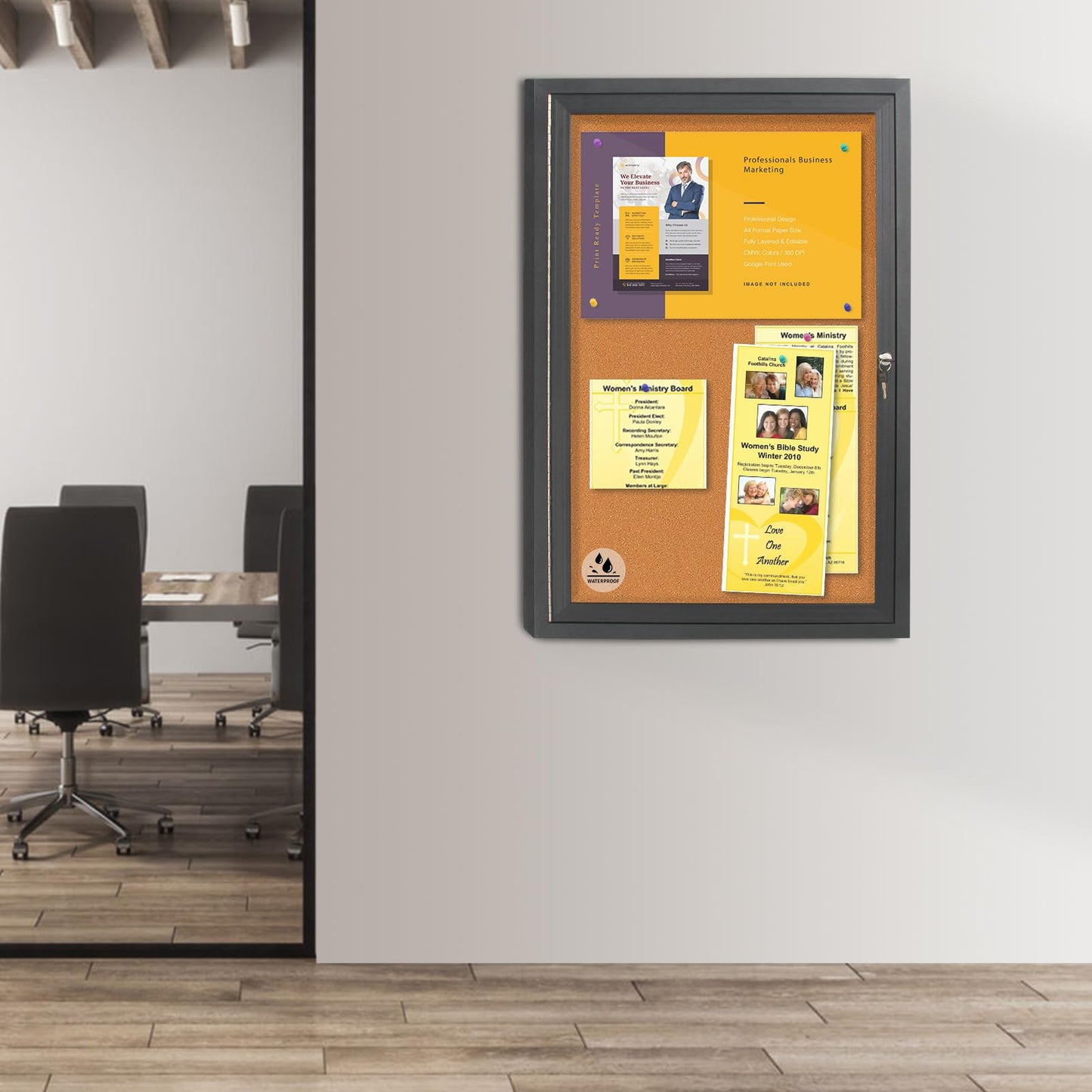 Enclosed Bulletin Board,Outdoor Weatherproof Cork Noticeboard with Locking Door, Wall-Mounted Black Aluminum Frame,Display Case Message Board for Office Home,36x24 Inch (5xA4)