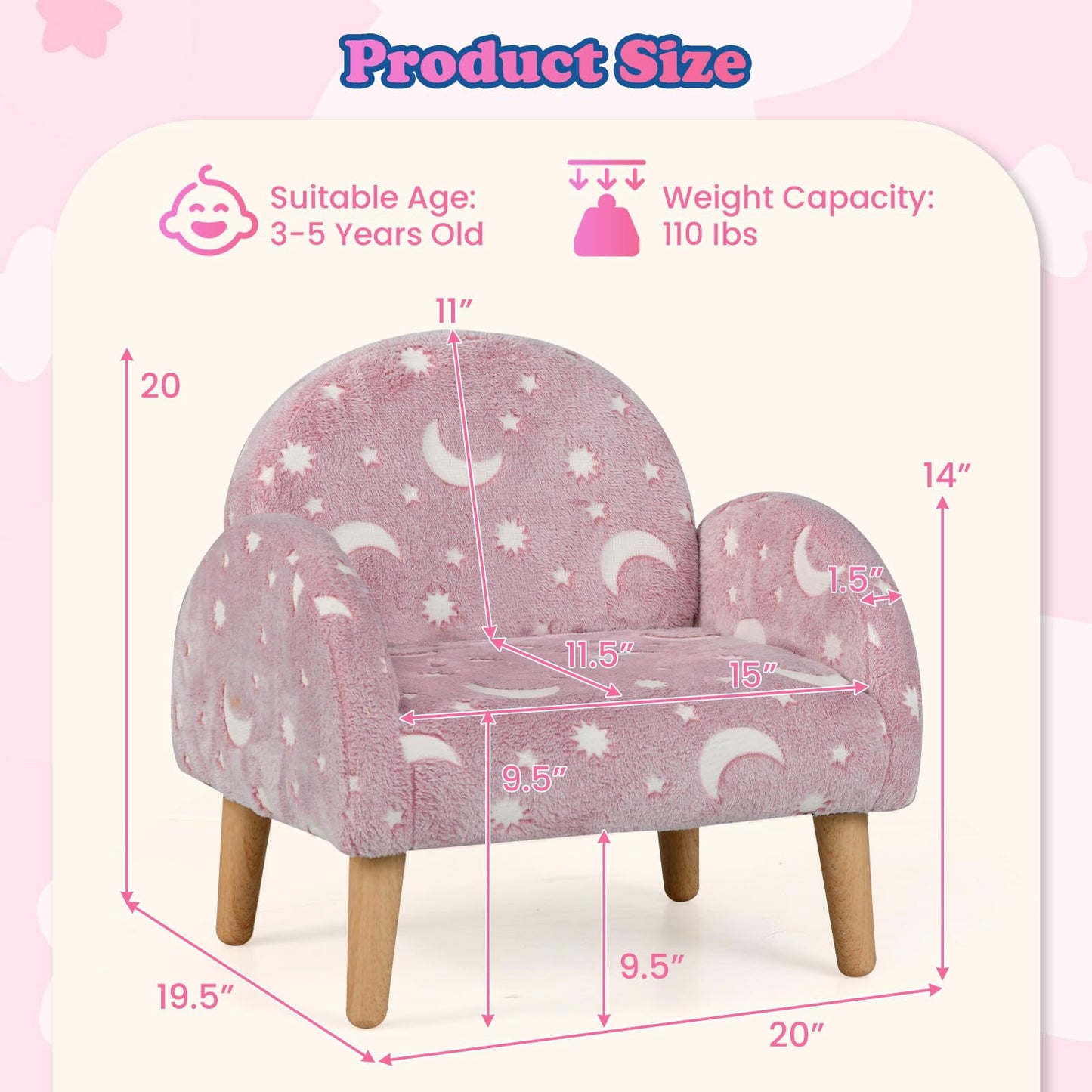 INFANS Kids Sofa with Glow in The Dark, Toddler Armchair Couch with Solid Wooden Frame Anti-Tipping, Upholstered Comfy Foam Children Chair for Kindergarten Playroom Preschool, Gift for Boys Girls