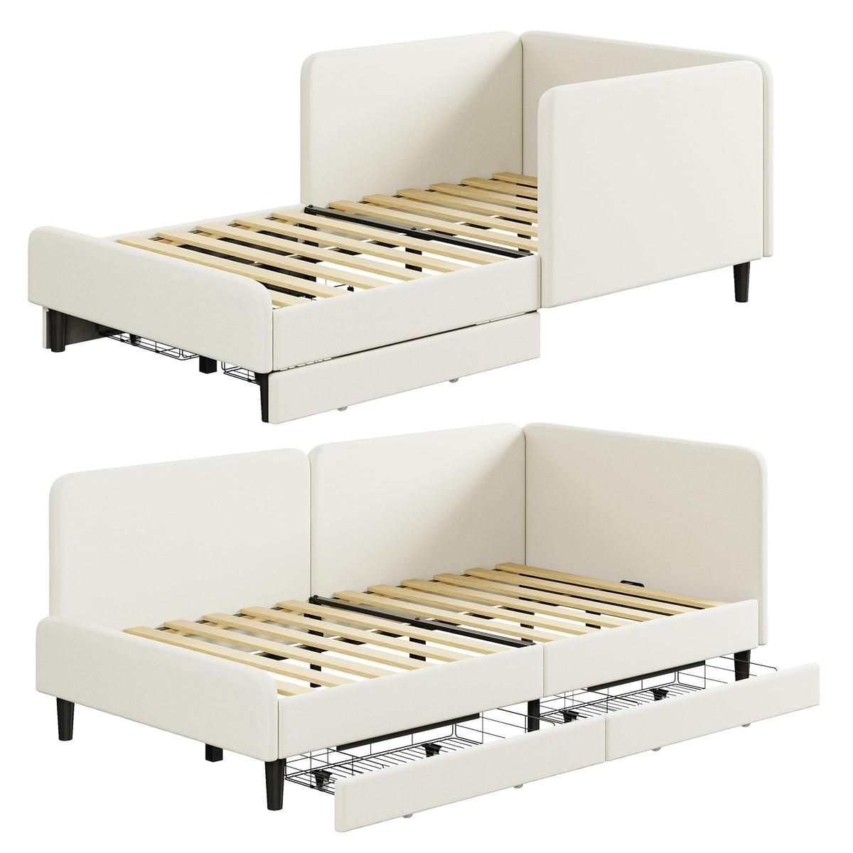 LIKIMIO Twin Daybed with Headboard, Corner Bed Frame with Bed Rails and Storage Drawers, Solid Support, for Bedroom Guest Room, Cream