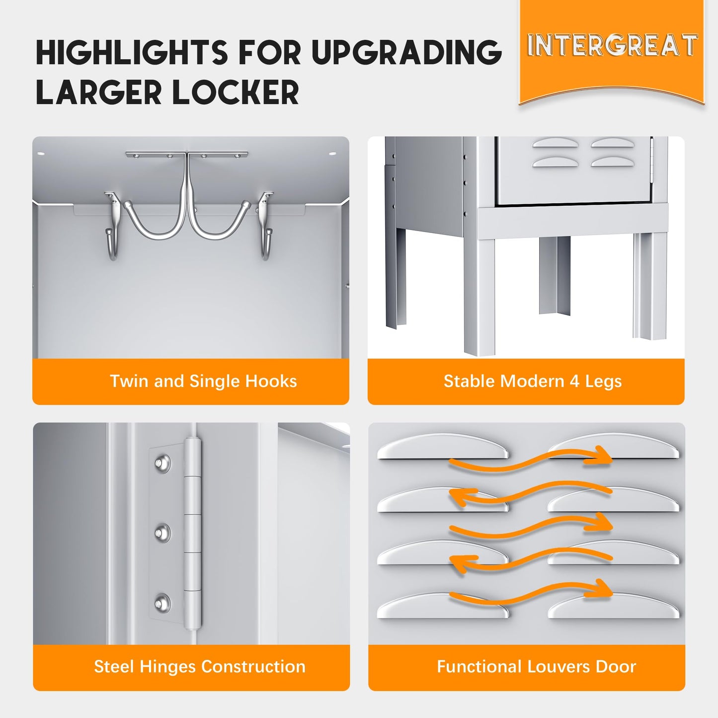 INTERGREAT Metal Locker for Employees with Lock, Steel Office Storage Locker with 5Doors, Gym Lockers Metal Cabinet for Home Office,School(Grey)