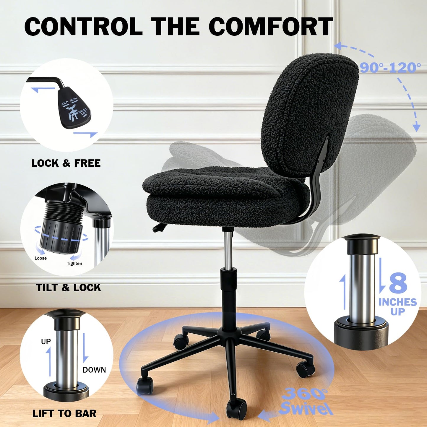 Ergonomic Cross Legged Office Chair with Footrest, 360° Swivel Height Adjustable Faux Shearling Criss Cross Chair, Wide Seat & Back Support for Home Office, ADHD, Black