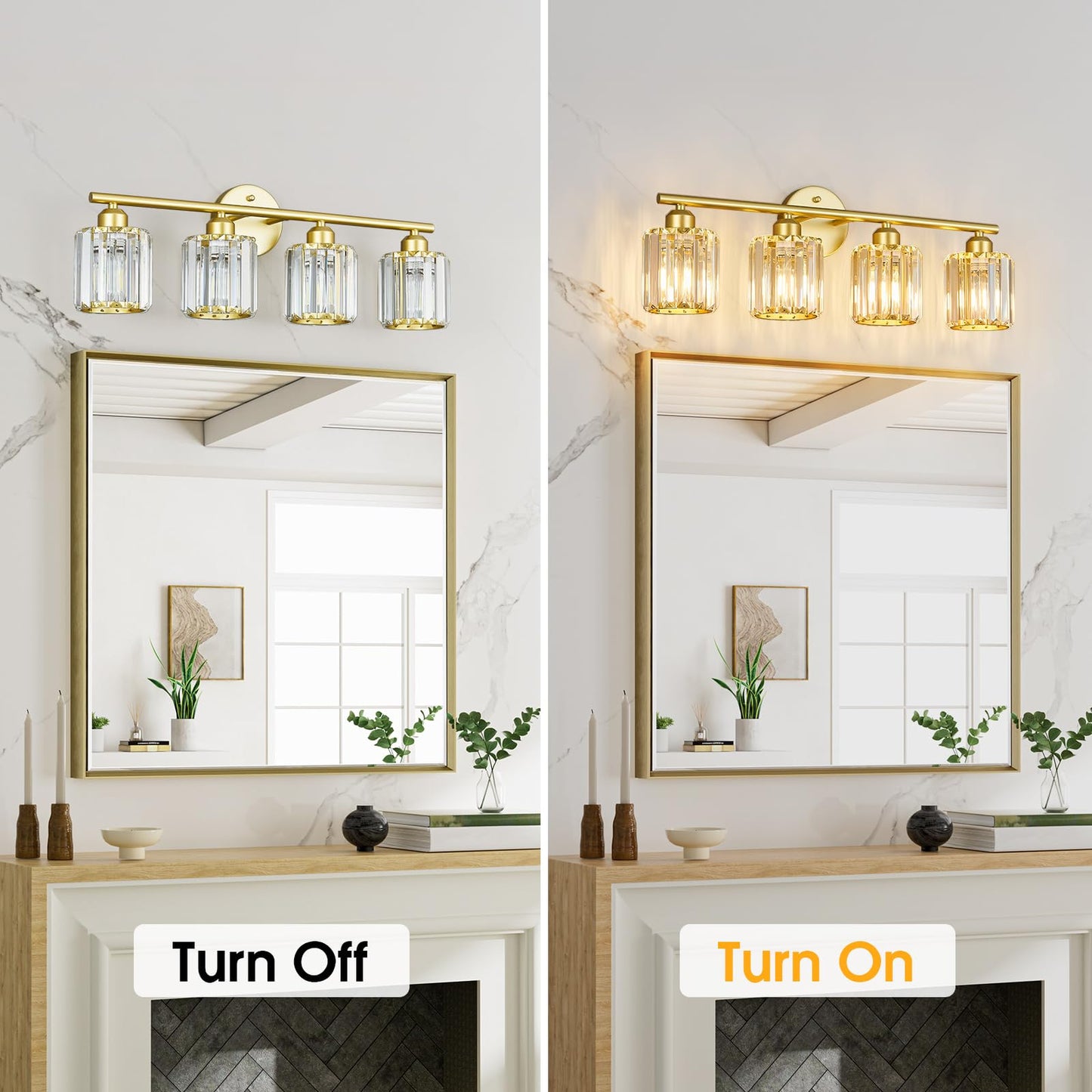 FDPBY Modern 4 Light Crystal Vanity Light, Gold Vertical Bathroom Light Fixture Over Mirror for Dressing Table Sink, Compatible with Dimmable Bulbs (Bulbs Not Included)