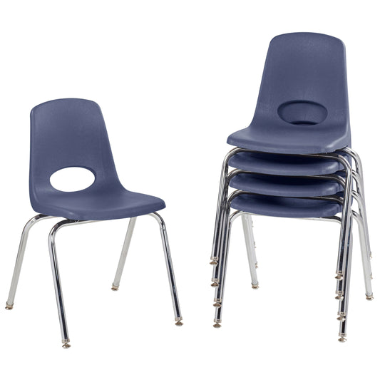 FDP 18" School Stack Chair, Stacking Student Seat with Chromed Steel Legs and Nylon Swivel Glides For In-Home Learning, Classroom or Office - Navy (5-Pack), 10371-NV