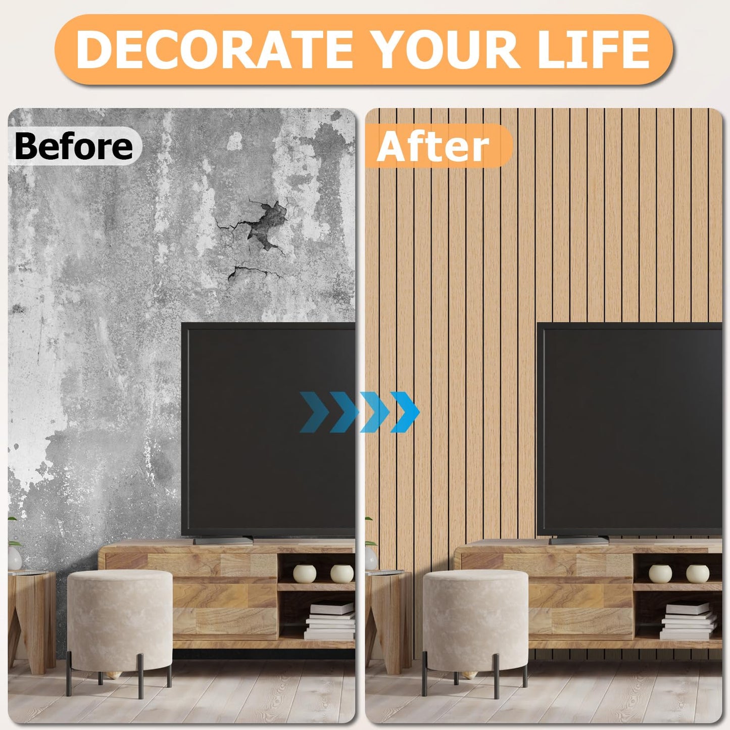 Arthome Peel and Stick Slat Wall Panels 15.7 "x400,Self-Adhesive PVC Wood Grain Wallpaper Panel,3D Thick Faux Soundproof Backsplash Accent Wall Tile for Walls & Furniture (Oak- Coverage 43.6 Sq.ft)