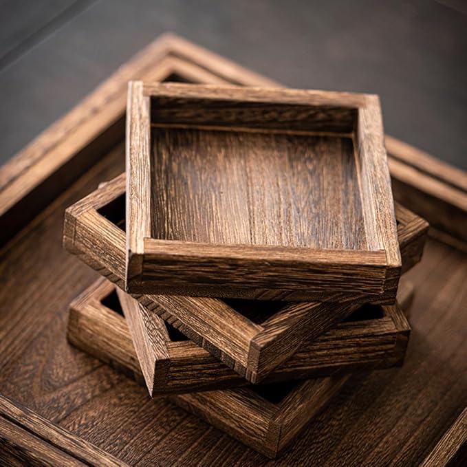 5-Piece Rustic Wooden Serving Tray Set, Handcrafted Nesting Trays