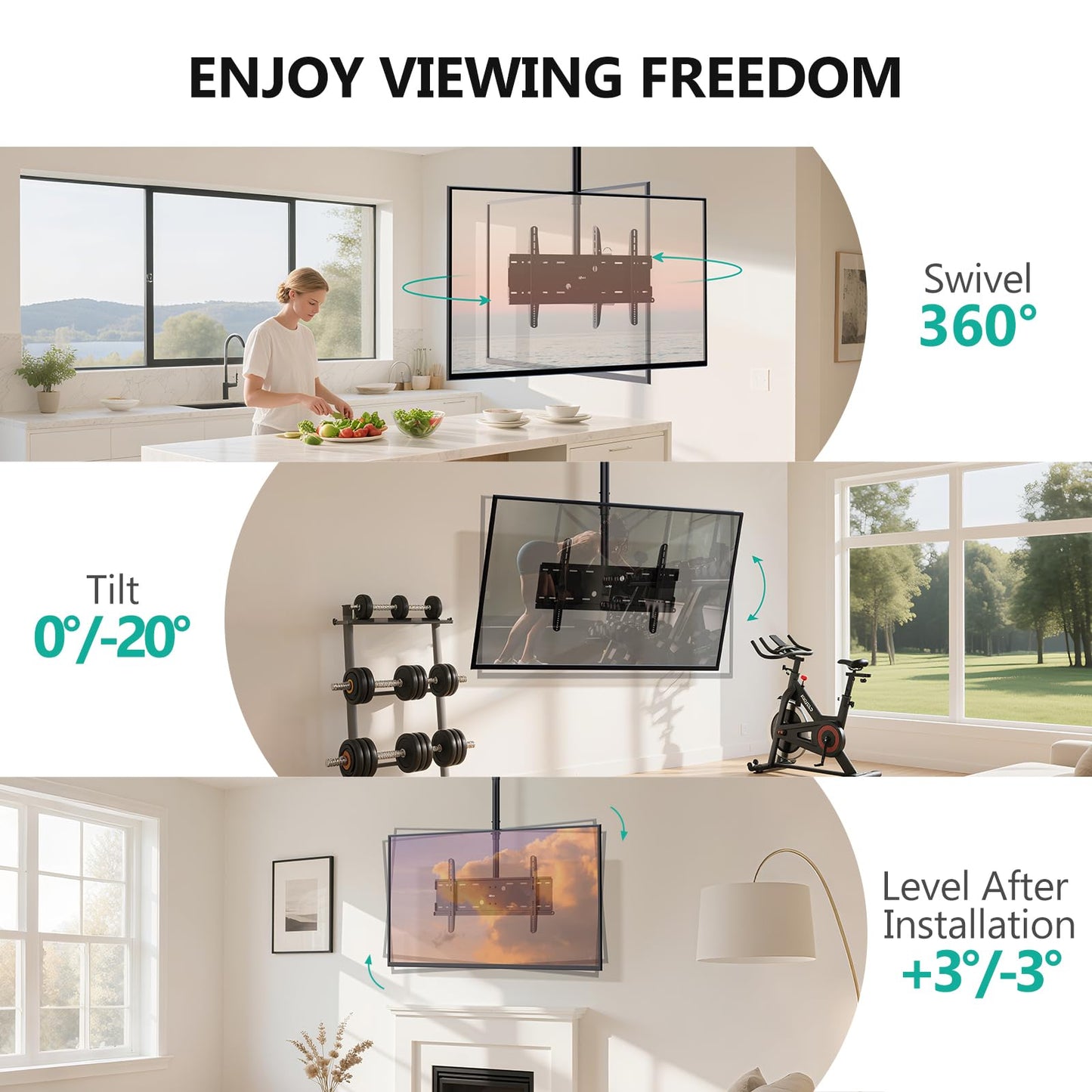 WALI Ceiling TV Mount for 42-90 inch, Hanging Adjustable TV Ceiling Mount Bracket Fits Most LED, LCD, OLED 4K TVs, Holds up to 220lbs, Max Mounting Holes 800x400mm (CM4290), Black