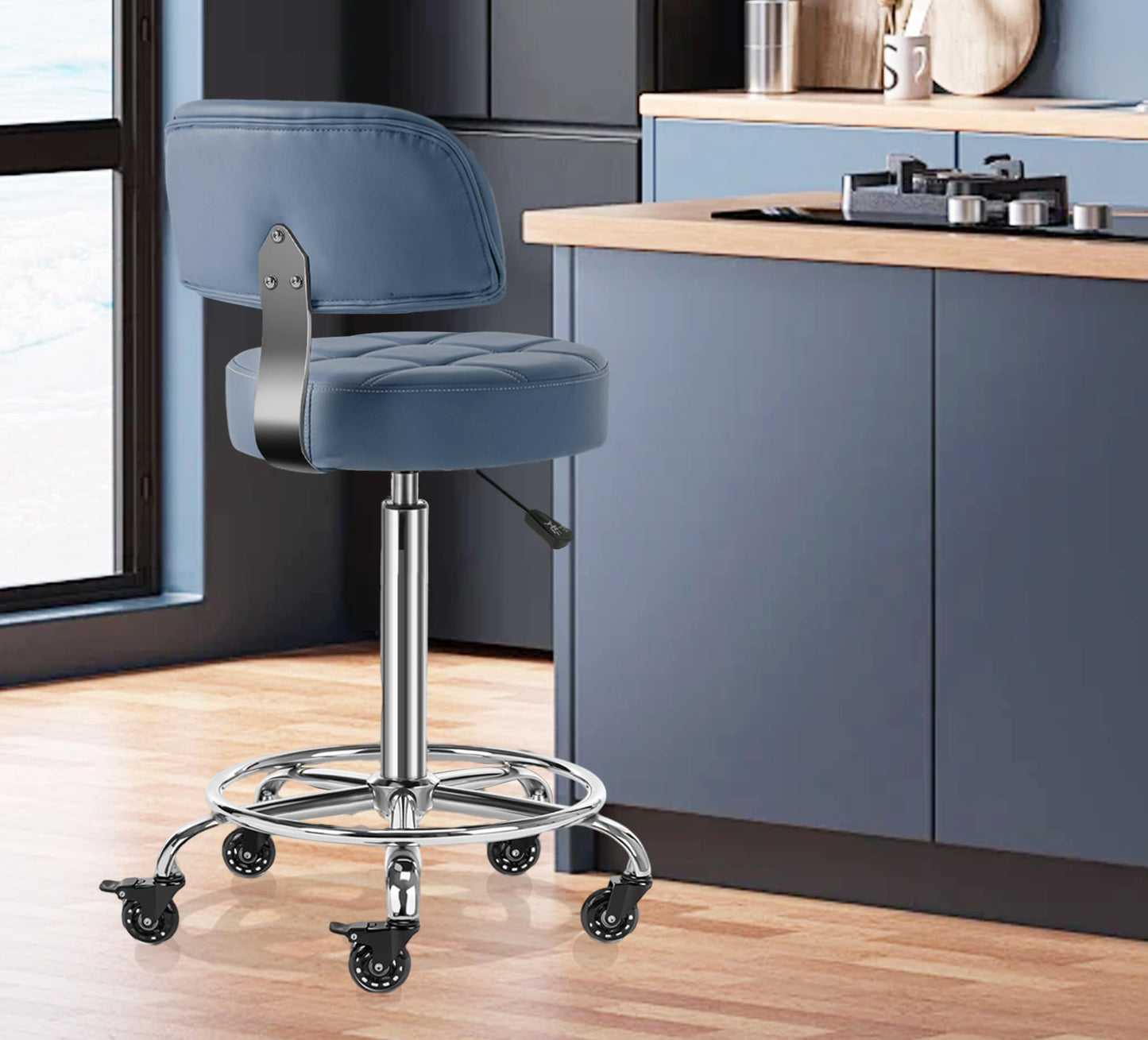 CoVibrant Lockable Stool with Back and Foot Rest Ergonomic Rolling Hydraulic Adjustable Stool for Doctor Esthetician Artist Home Small Office Desk (Blue, 24''-31'')