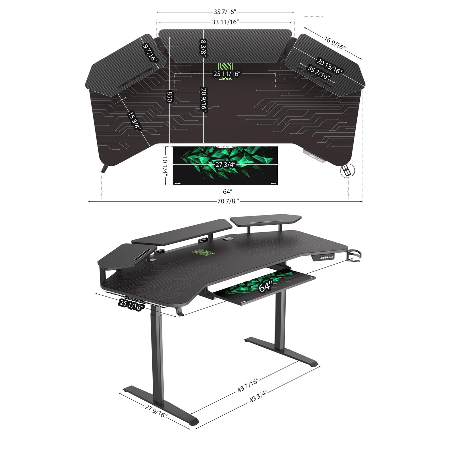 JWX Dual Motor Standing Gaming Desk with Aluminum Alloy Led Lights, 72'' Wing Shaped Large Gaming Studio Music Desk with Slot Design Shelves, for Streamer, Social Media Influencer & Music Recording