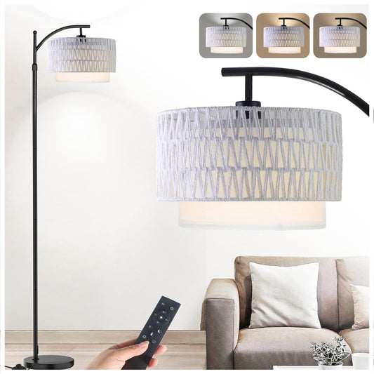 Yusist Arc Floor Lamp for Living Room,Farmhouse Floor Lamps with Remote Control & Dimmable Bulb,White Rattan Boho Tall Standing Lamp for Bedroom Office