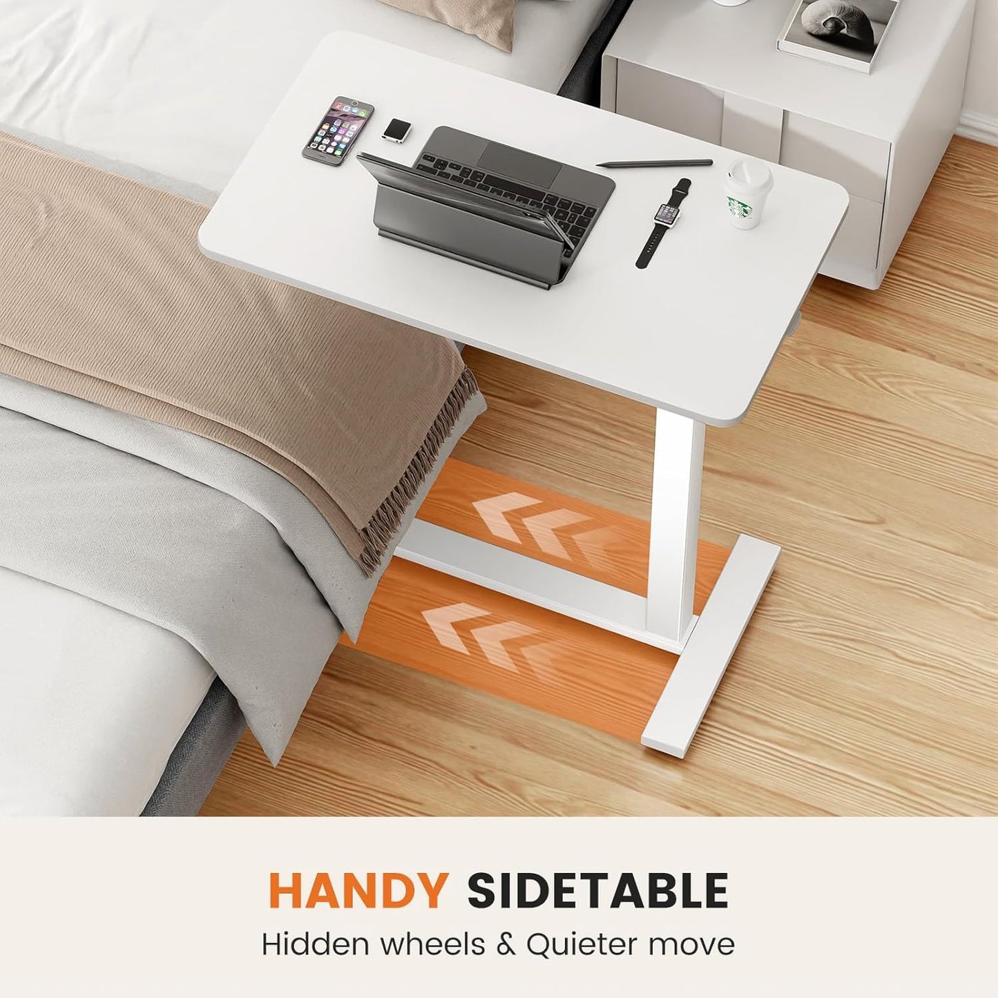 Sweetcrispy Overbed Bedside Table with Wheels, Adjustable Hospital & Home Use Bed Table, Rolling Laptop Table, Mobile Standing Desk, White