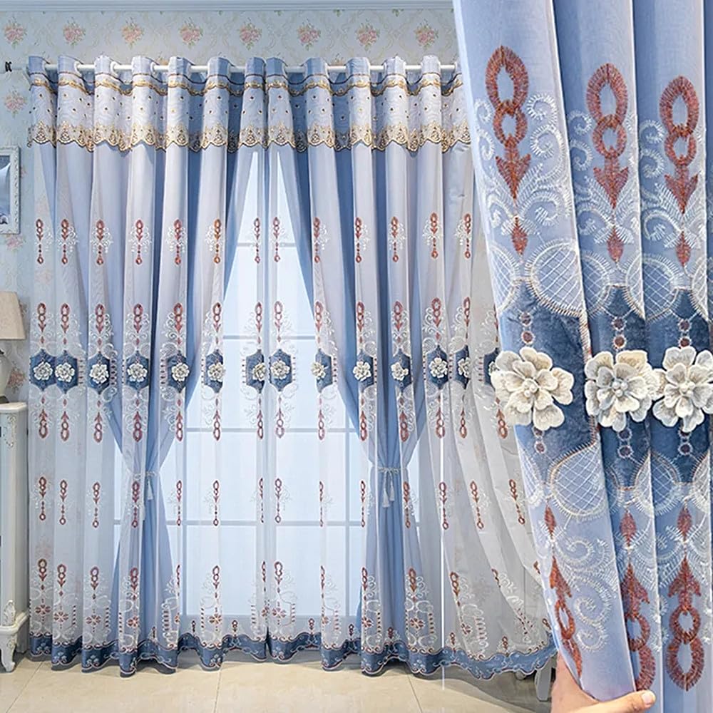 Amidoudou 1 Pair European Double Layer Curtains with Valance for Living Room Bedroom Luxury 3D Flower Embroidered Curtains (Blue,63x96 Inch)