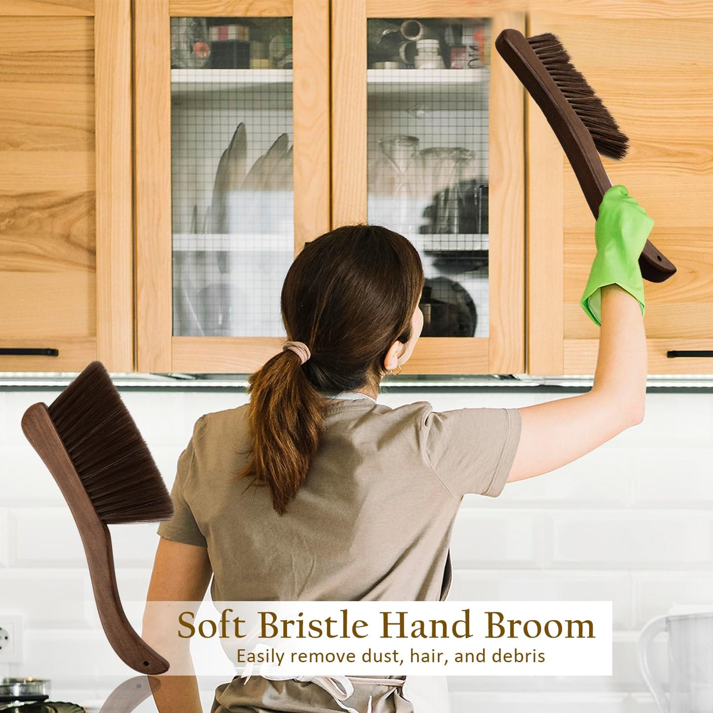 1 Pieces Woooden Hand Whisk Broom Dust Brush with Curved Wood Handle Soft Bristle Bench Brush Household Cleaning Brush for Counter Bed Sofa Car Fireplace Clothes (Coffee-Carved Handle)