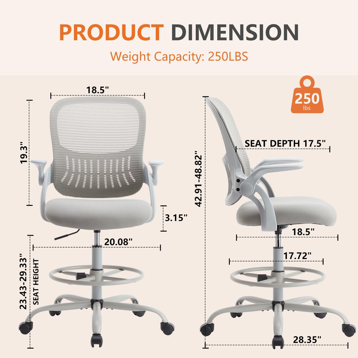 Sweetcrispy Tall Drafting Office Desk Chair - Ergonomic High Stool Computer Chair with Adjustable Height and Comfy Lumbar Support, Rolling Counter Height Chair with Flip-up Arm and Footrest, Grey