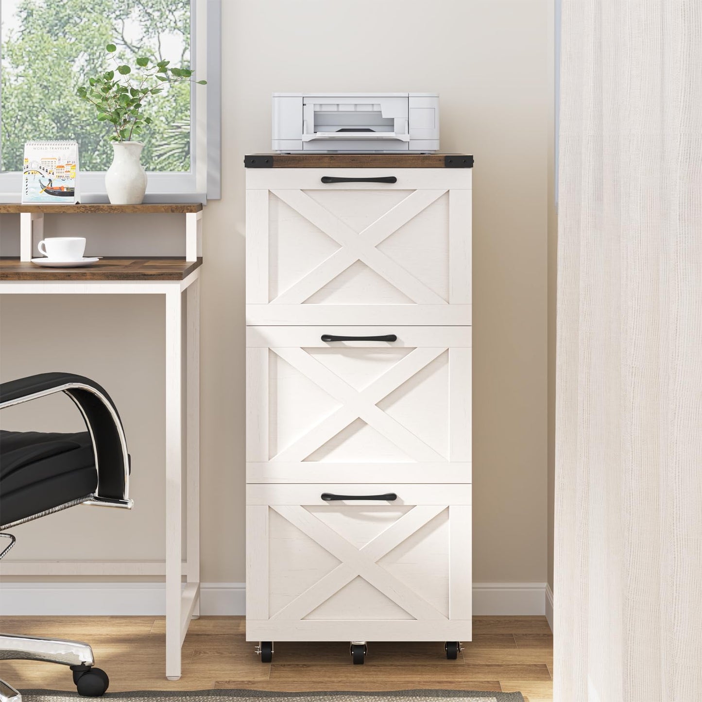 Halitaa 3 Drawer Tall File Cabinet with Wheels, Farmhouse Vertical Filing Cabinet Fits Letter/A4 Size, Rolling File Cabinets Wooden Printer Stand for Home Office, Rustic White and Brown
