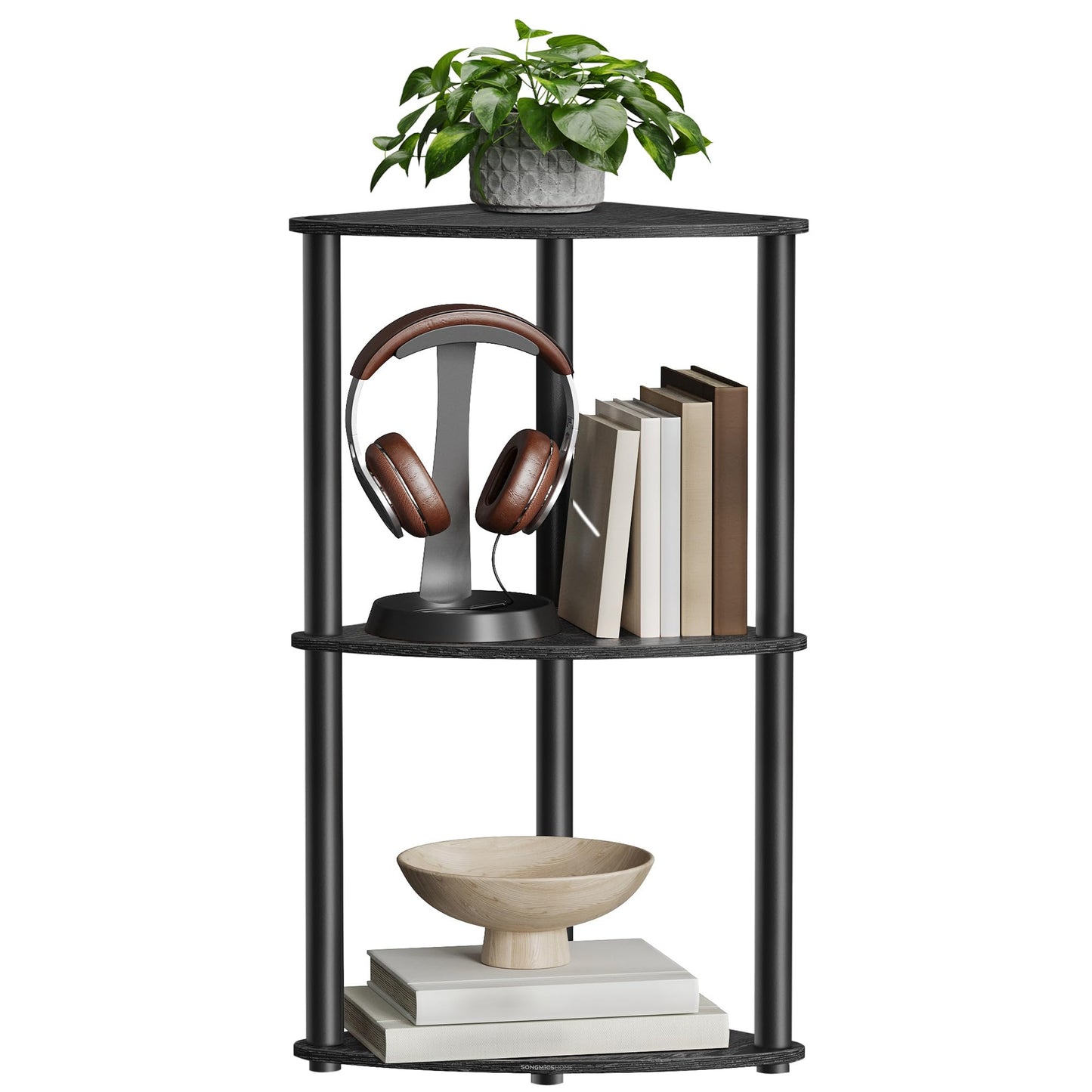 SONGMICS HOME Superfast Toolless Assembly, Corner Shelf Stand, 3-Tier Corner Standing Shelf, Living Room, Bedroom, Kitchen, 15 x 10.6 x 27.8 Inches, Ink Black ULBC620B01