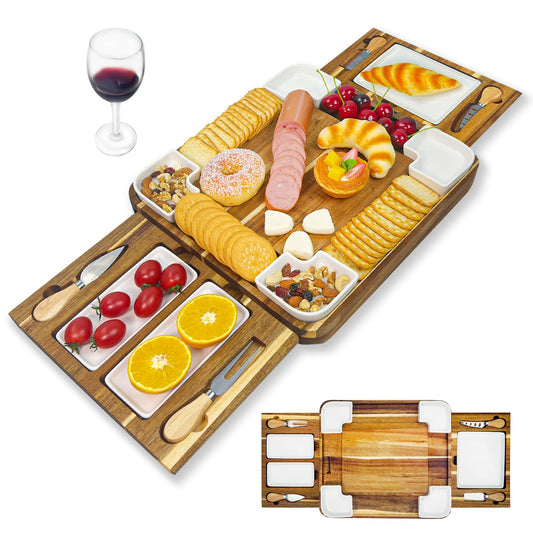 Graceware Charcuterie Board Set(16.5"×15"×2.8") - Premium Wooden Cheese Board with Four Ceramic Bowls and Charcuterie Boards Accessories for Bridal Shower Gifts, Wedding Gifts & Housewarming