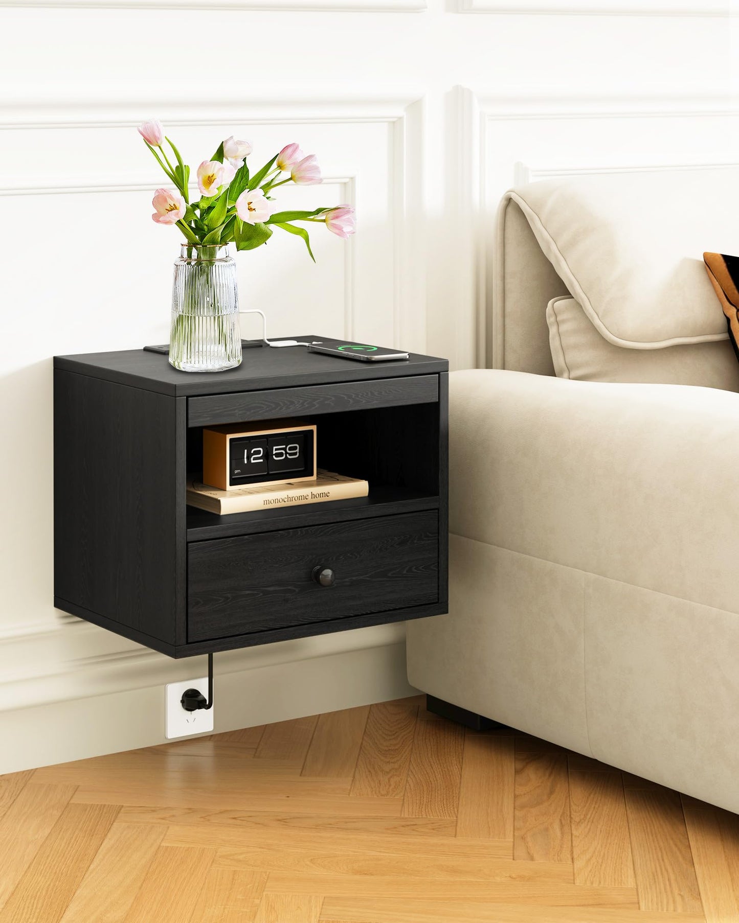 Floating Nightstand with Charging Station,Modern Bedside Table with Drawers and Extension Panel, Small Wall Mounted Nightstands for Bedroom Room，Floating Sofa Side Table（ Black ）