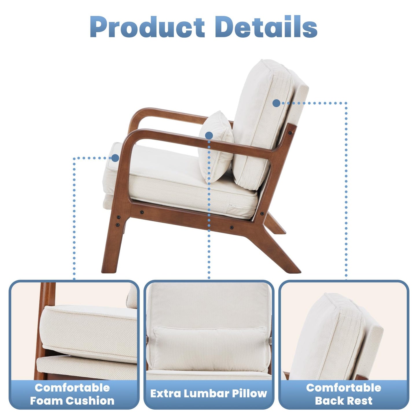 DUMOS Accent Chairs Set of 2,Mid Century Modern Chair with Arms and Waist Cushion, Reading Chairs for Adults, Lounge Chair for Living Room and Bedroom, Solid Wooden Frame, Cream