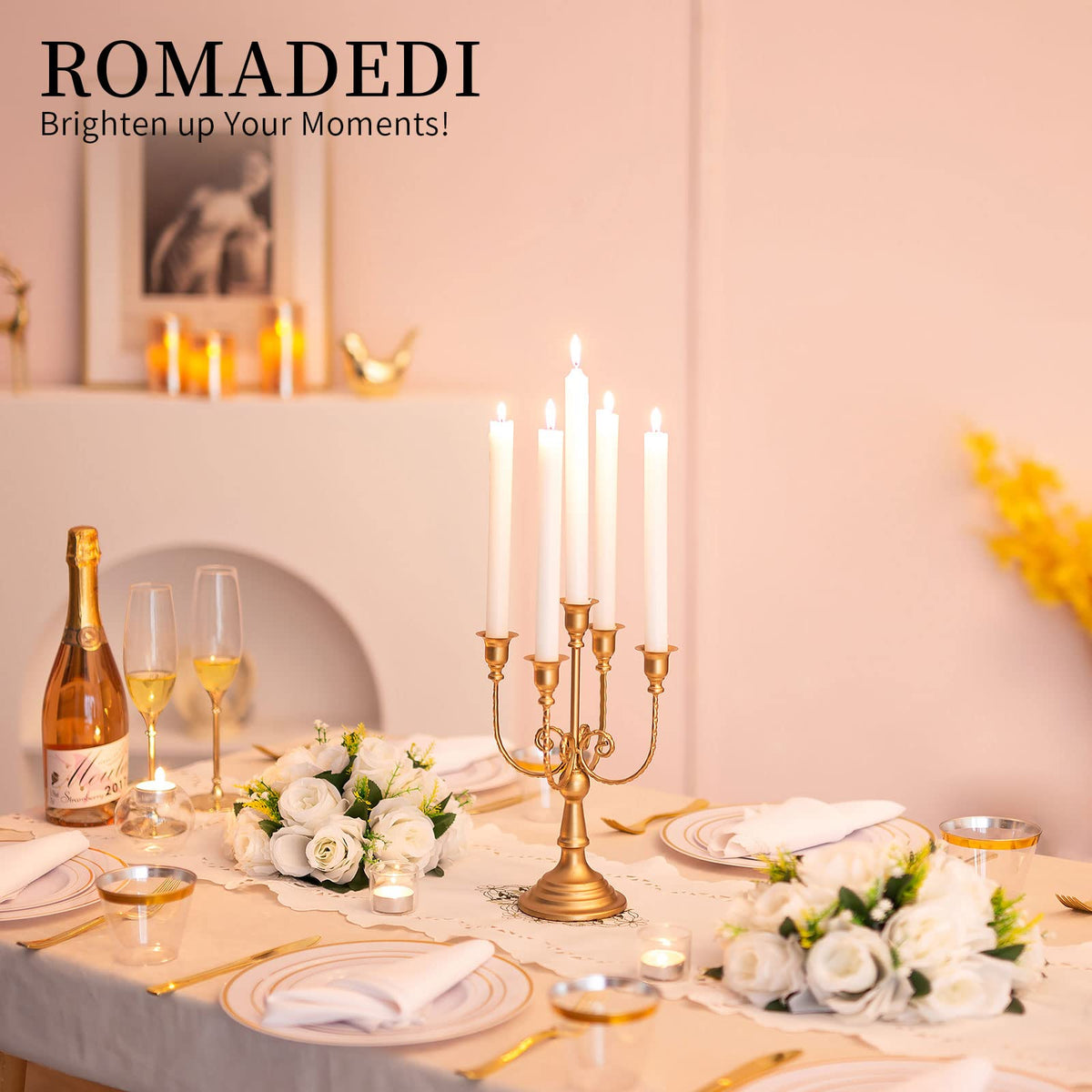 Romadedi Candelabra Gold Candle Holders - 5 Arm 11.8" Wedding Candlestick Holder for Theme Party Table Centrepiece Decor Dining Room Birthday Holiday Christmas