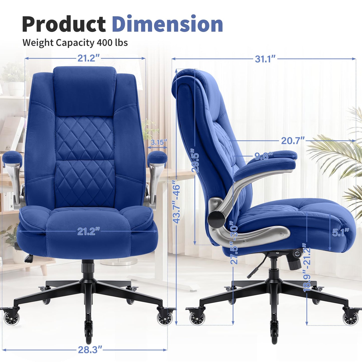 Fabric High Back Office Chair with Lockable Quiet Casters, Thick Padded Ergonomic Computer Chair- Adjustable Lumbar Support & Flip-Up Arms, Wide Executive Desk Chair for Back Pain, 400LBS Capacity
