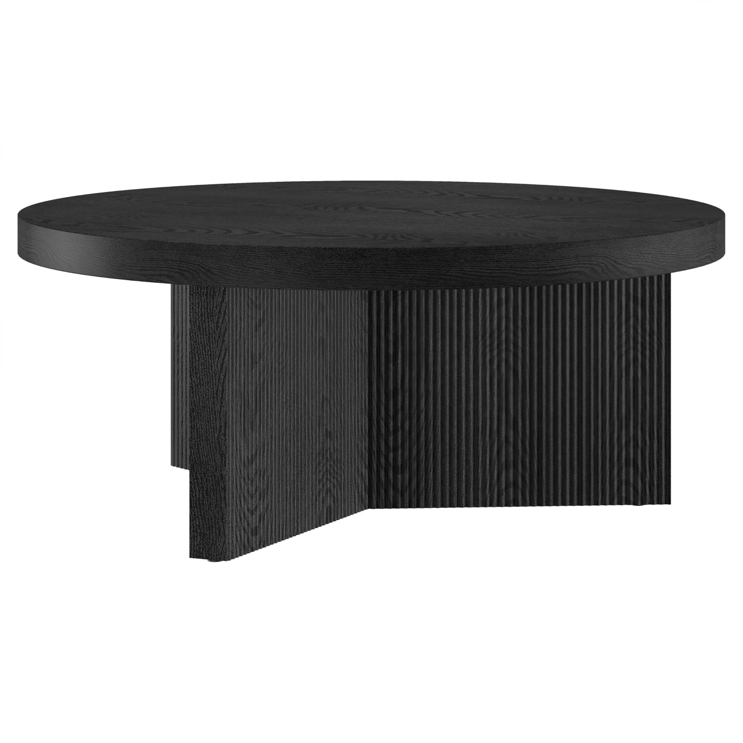 Henn&Hart 36" Fluted Round Low-Profile Coffee Table with Ribbed Pedestal Base for Living Room, Family Room, or Office, Natural Black