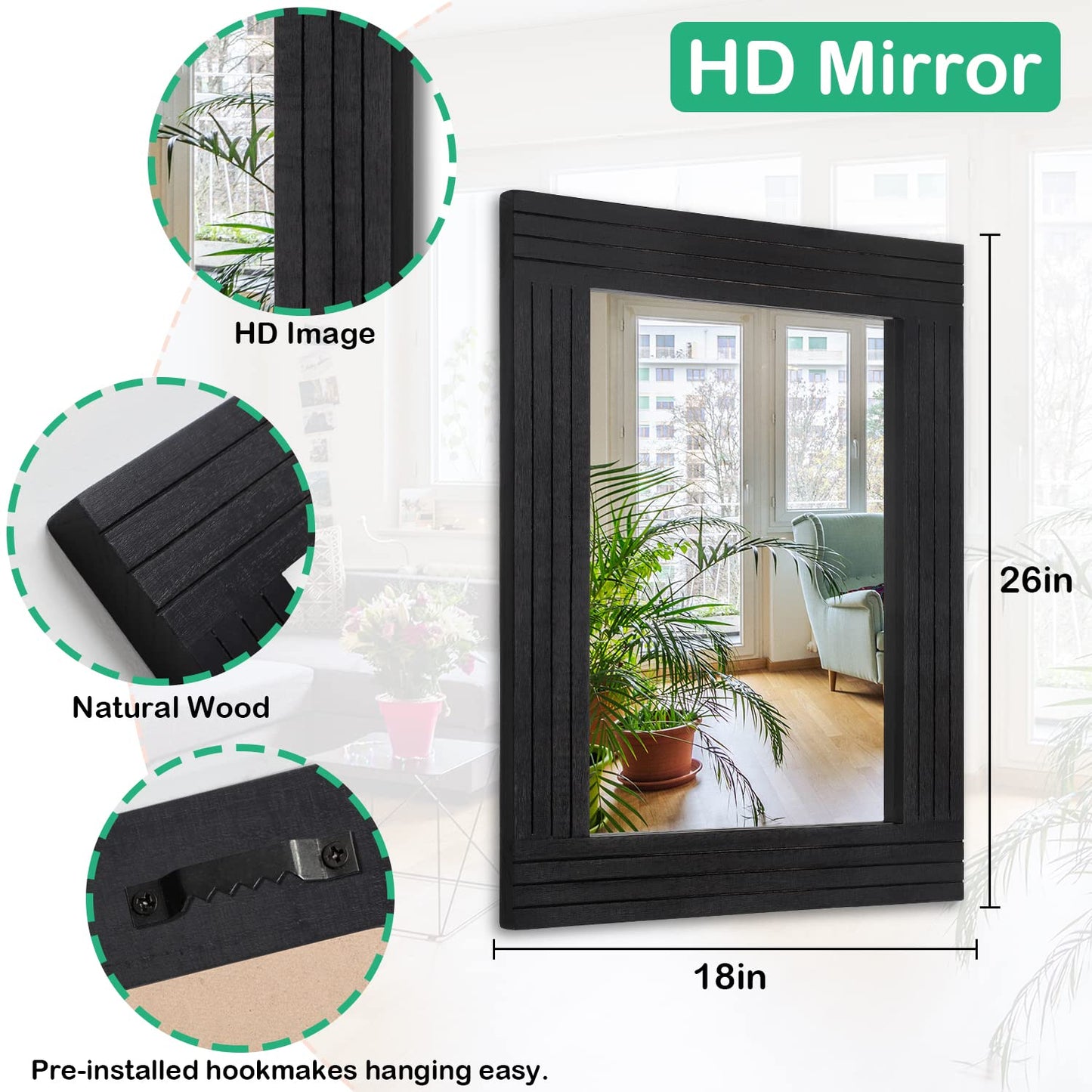 HLFMVWE Black Rectangular Vintage Rustic Wood Framed Large Mirror - Deco Farmhouse Living Room Bathroom Bedroom Entrance - 26" x 18"