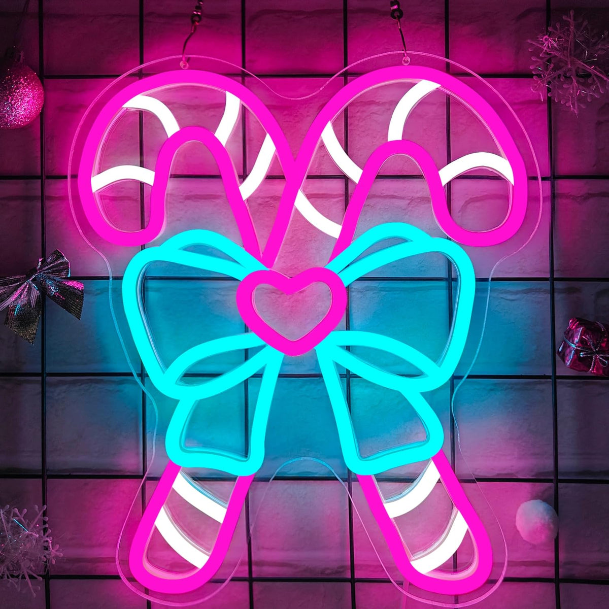 Pink Candy Canes Neon Sign Candy Christmas Neon Sign for Wall Decor Pink Christmas Decor Led Sign with Bow Xmas Neon Light Up Signs for Window Bedroom Holiday Xmas Party Home Decoration Gift Winter
