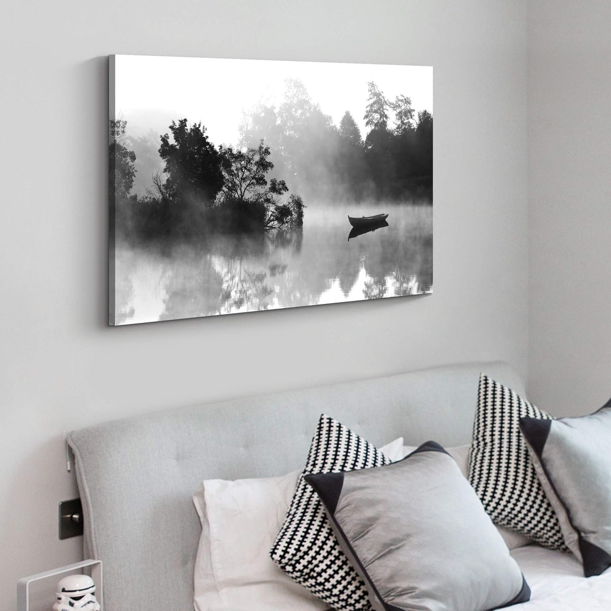 Nature Lake Wall Art Canvas: Foggy Forest Landscape Picture Water Scenery Print Black Boat Artwork Decor Calming Painting for Living Room Bedroom Home Office