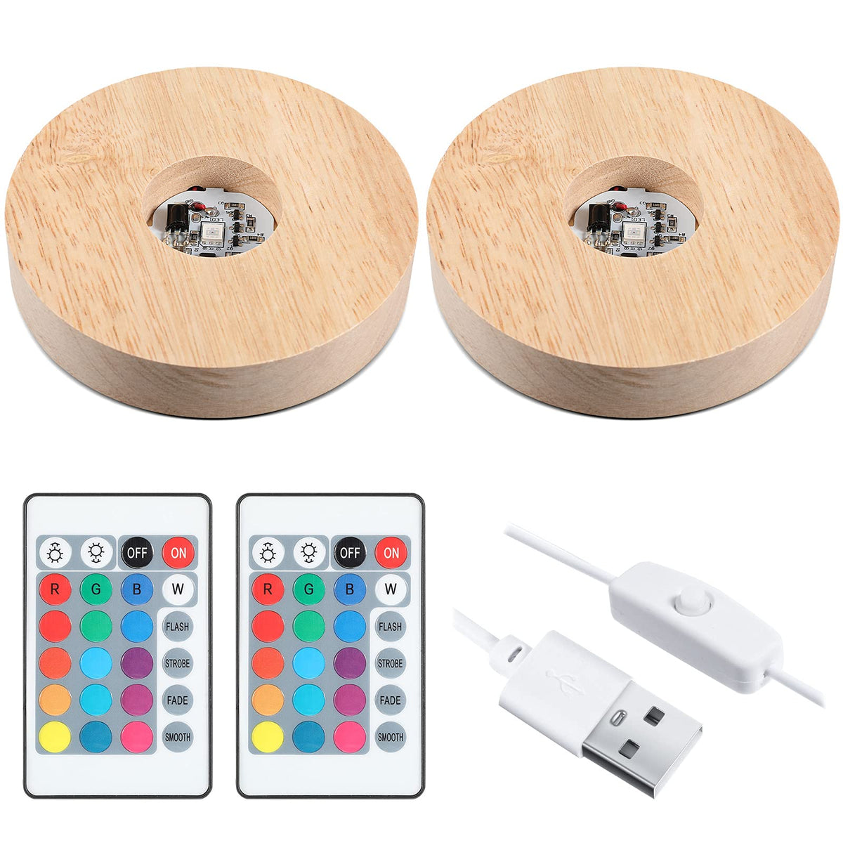 Honoson 3.94 Inch Wooden Light Stand Base Colorful LED Lights Display Base with Remote Control for Selenite Tower 3D Laser Crystal Glass Resin Art (2 Pieces)
