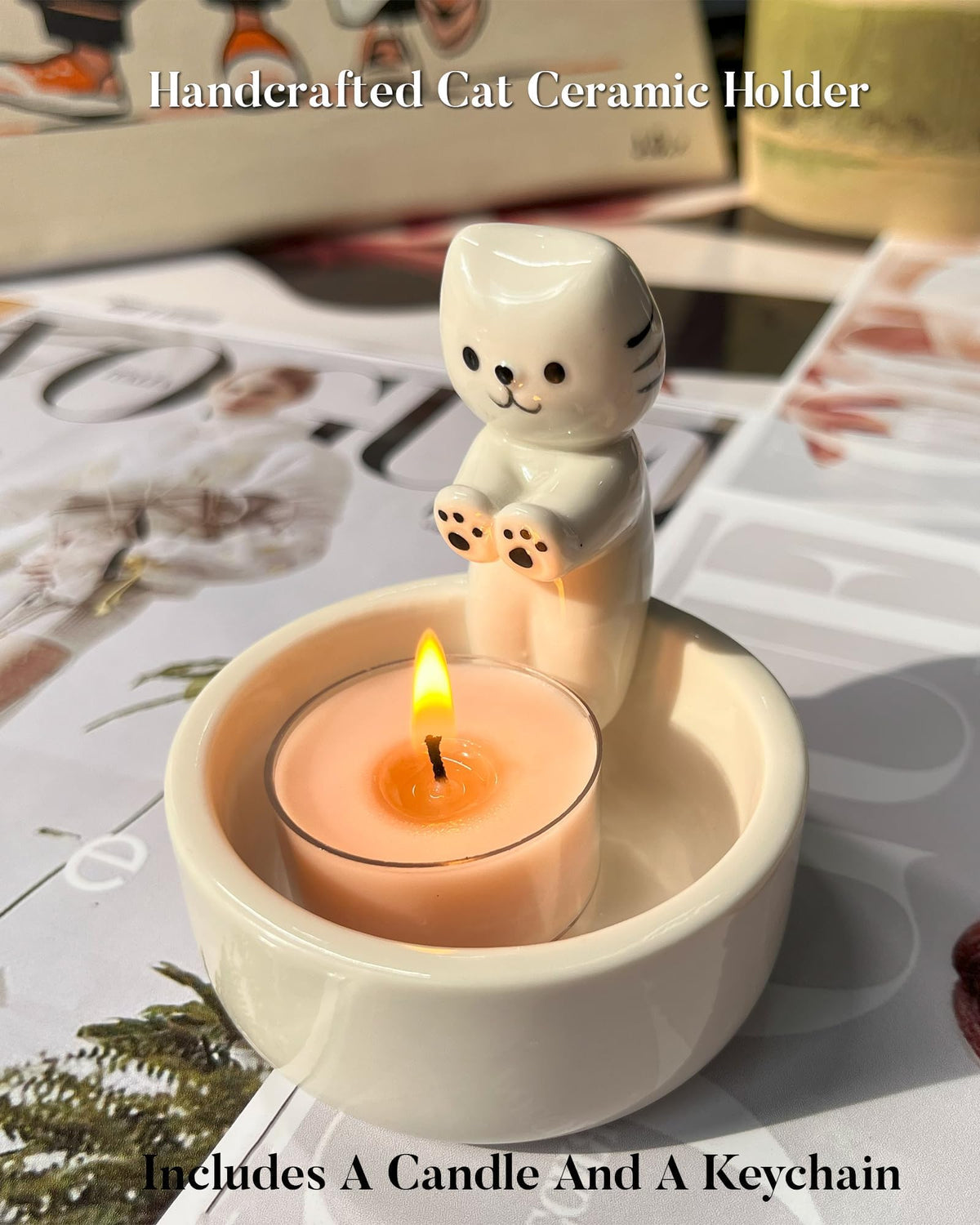 Cat Candle Holder, Cute Cartoon Kitten Scented Candles Candle Lamp, Handmade Ceramic Candlestick,Cartoon Cute Scented Candle Sticks Holder Decor, Gift for Cat Lover - Aromatherapy Candle Included