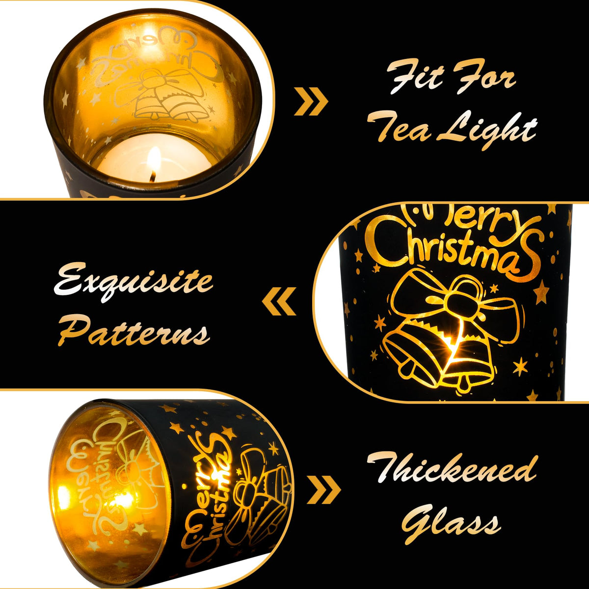 Christmas Votive Candle Holders, Set of 6 Black Gold Tealight Candle Holder for Christmas Table Centerpieces, Small Glass Tea Light Holders with Snowflake Reindeer Gingerbread Man for New Year Holiday