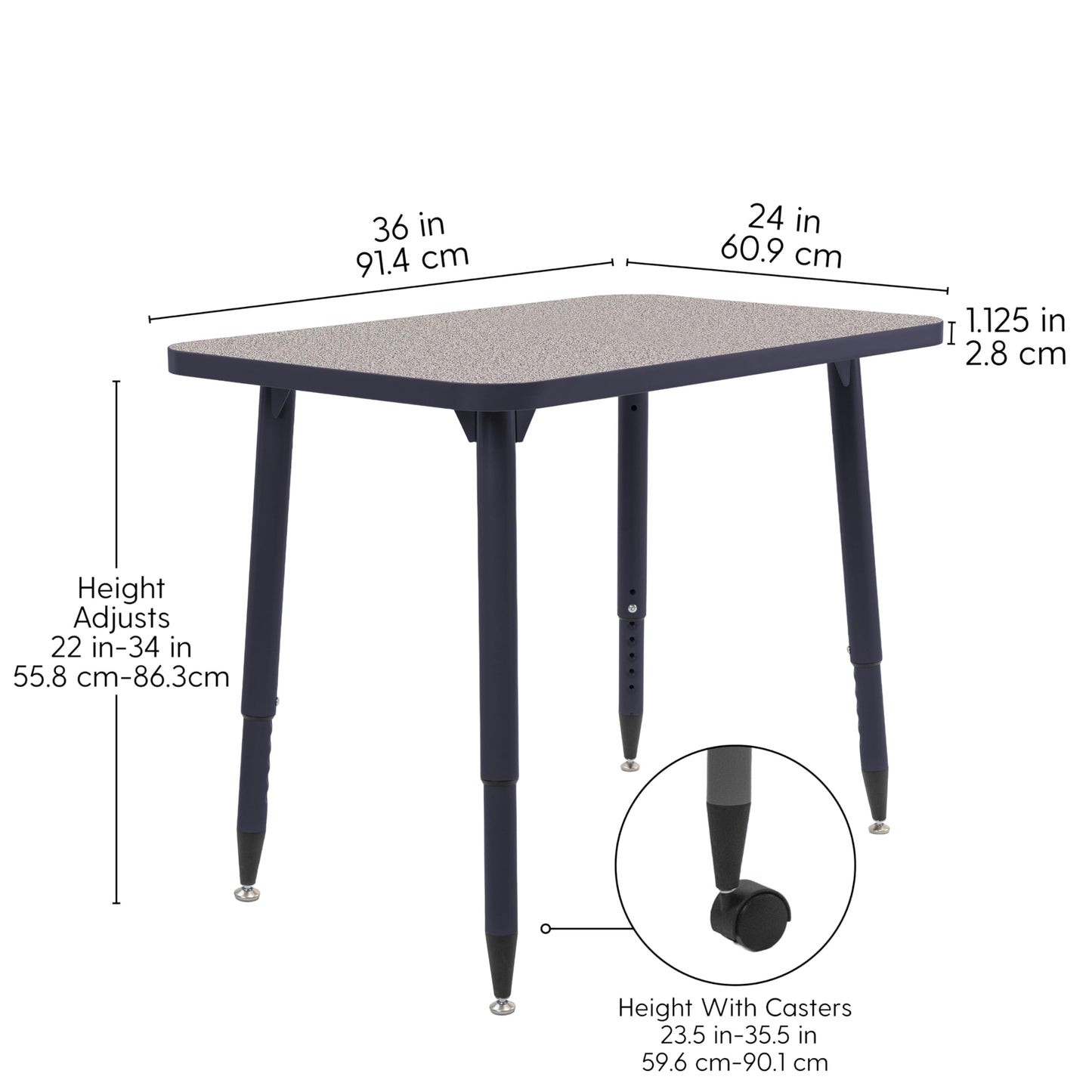 Adapte Commercial Classroom Activity Table - 24" x 36" Rectangle, ADA Compliant Tapered Legs with Glides & Casters, Adjustable Height 22-34" Wheelchair Accessible, School & Office Furniture