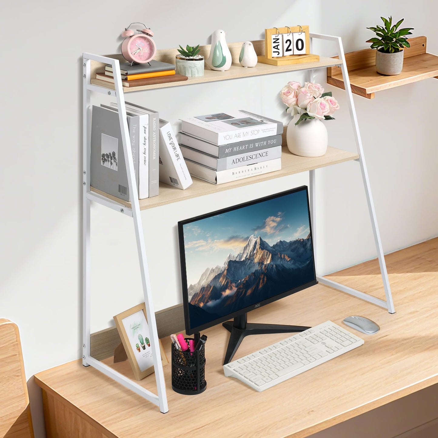 KIOMIMI 2-Tier Desktop Bookshelf & Hutch - Fits Over Large Monitors - Modern Desk Organizer with Metal Frame - Vertical Storage for Small Desks, Home Office, Dorm, Makeup Vanity (Blonde Wood/White)