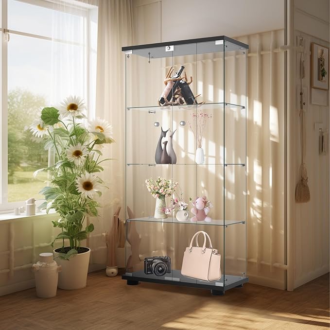 Display Cabinet with Glass Door and Lock, 4-Shelf Fast Installation in 30 Mins