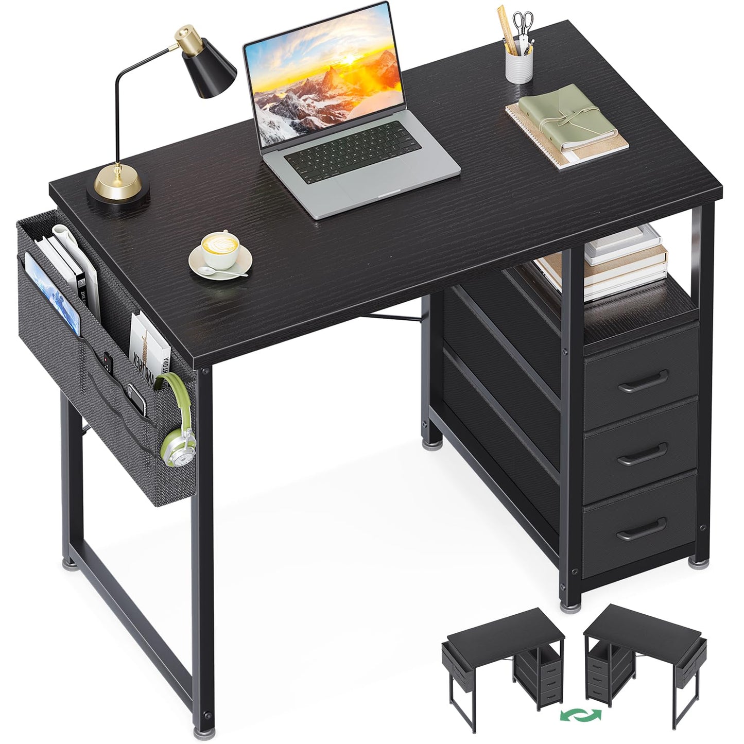 AODK 32 Inch Small Computer Desk with Fabric Drawers, Kids Study Desk for Bedroom, Home Office Desk with Storage Shelf & Bag for Small Space, Black