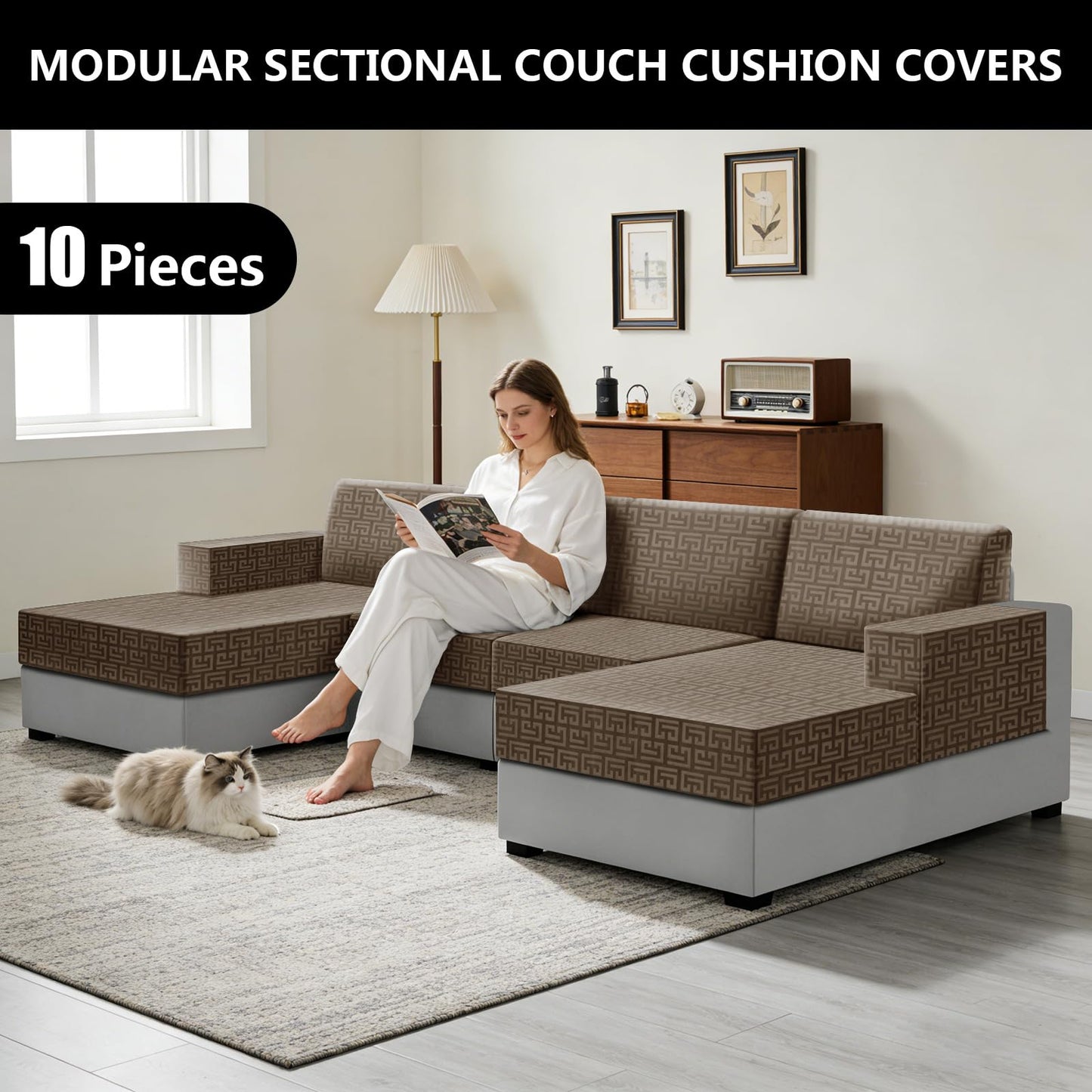 UNBBRRL 10 Pieces Stretch Sofa Cushion Covers for U-Shaped Modular Sectional Couch with 4 Seats+4 Backs+2 Arms, Upholstered Covers for Sofa Bed with Deep Double Chaise (Camel,10 Pieces Set)