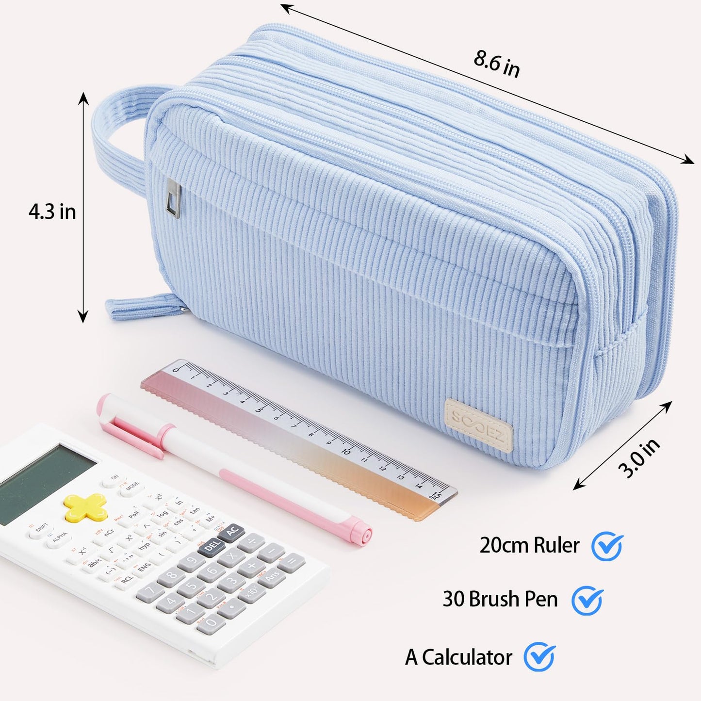 Sooez High Capacity Pencil Case, Soft Corduroy Pencil Pouch with 4 Compartments, Multiple Pockets, Large Pencil Bag with Sturdy Zipper, Cute Pencil Case Pouch Organizer for Student Teen Girls, Beige