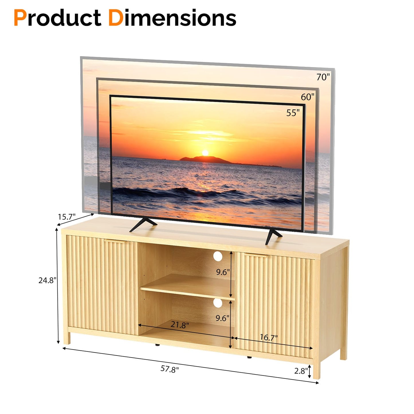 VINGLI 57.8" TV Stand for 70 Inch TV, Mid Century Modern Media Console with Adjustable Shelves and Cabinet Storage, Elegant Entertainment Center for Living Room, Oak