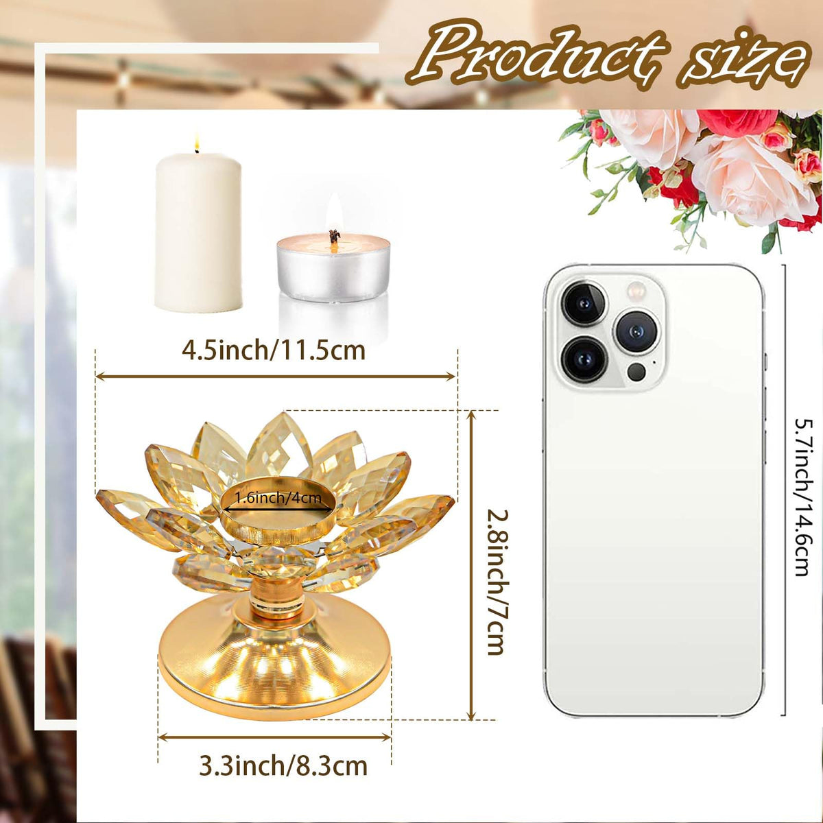 12 PCS Gold Crystal Flower Tea Light Holder Bulk, Glass Tealight Candlestick with Metal Base, Votive Candle for Table Centerpiece, Wedding/Parties Decor, Nice Gift