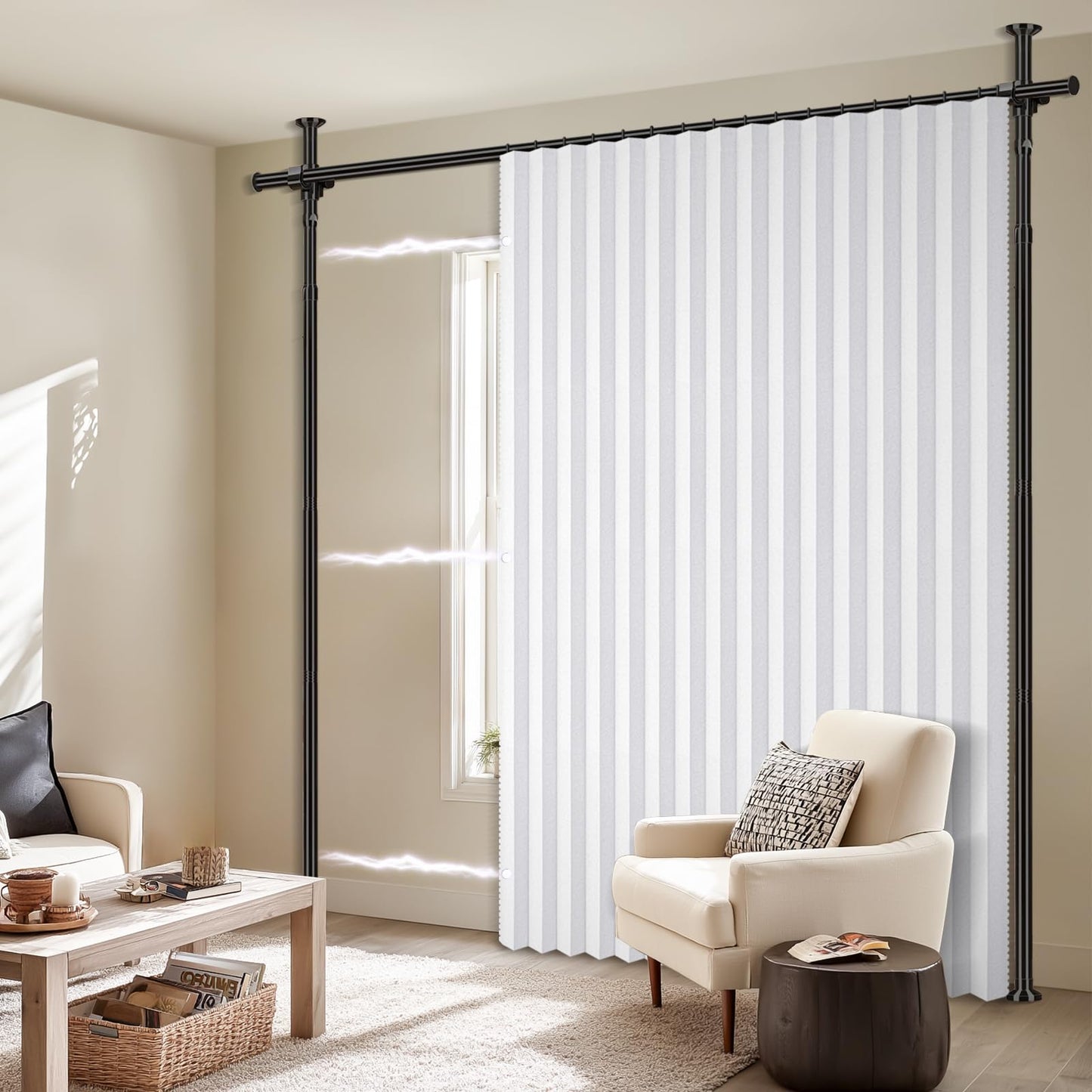 100% Blackout Room Divider Curtains Sets White W100 x L84 in 1 Panel No Drill Curtain Rods(H) 43-120×(W) 35-100 in for Studio Apartment Dorm Office
