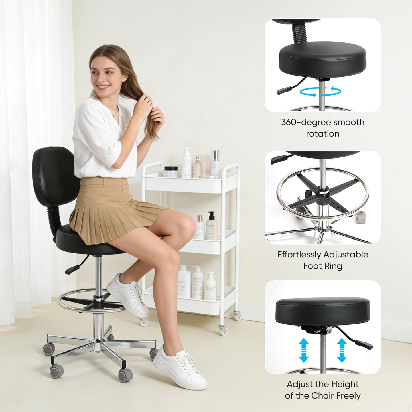 Adjustable Rolling Stool with Wheels & Adjustable Foot Ring, Office Drafting Chairs,Rolling Adjustable Stool,Heavy Duty Rolling Chair for Office Home Work Spa Studio Lab Counter Salon Bar Kitchen Shop