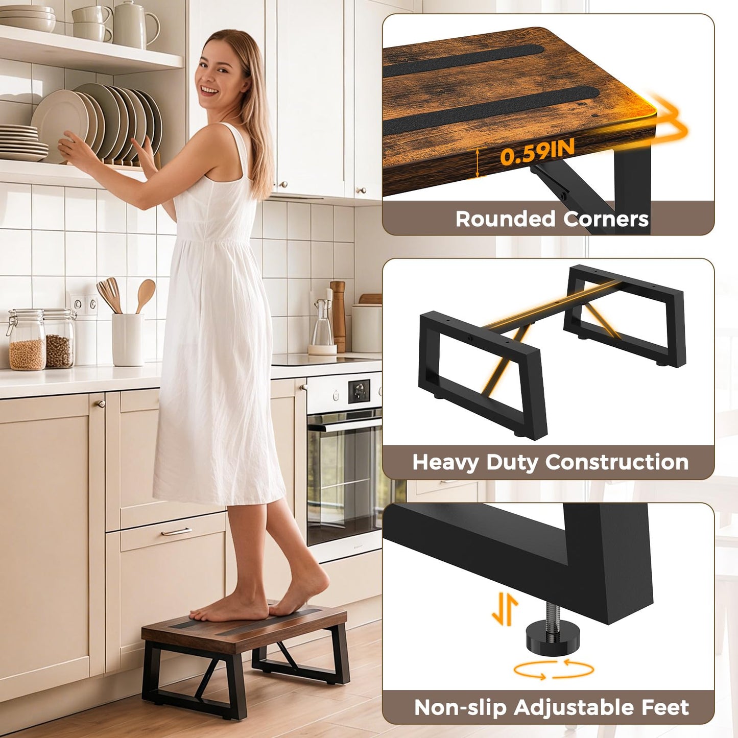 Step Stool, NomNest One Step Wooden Ladder Metal Foot Stool Small Kitchen Stool Helper for Toddler Adults, Ladder Chair for Home Bedside Bathroom Sink Potty