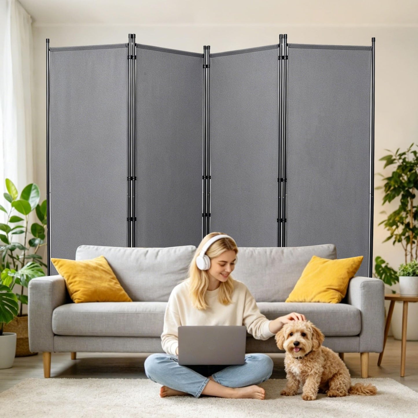 Room Divider and Folding Privacy Screens, Wide Room Divider Wall Screen for Room Separtition, Partition Room Dividers Fabric Panel Wall Dividers Freestanding for Office (Grey, 4 Panel-88'' Wide)