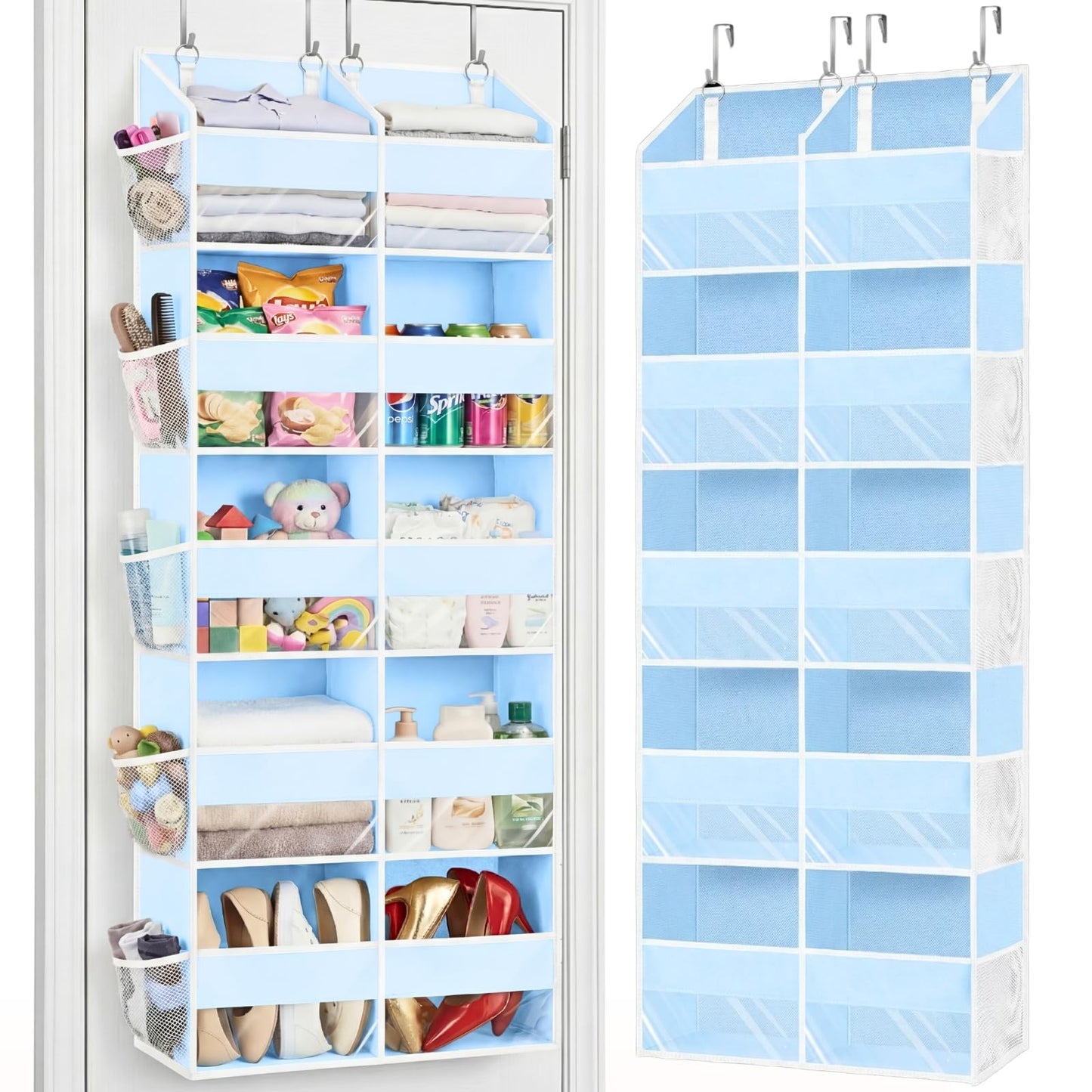 Blue Over the Door Organizer 5 Tiers, Extra Large Behind Door Storage of 10 Compartments, 80 lbs Weight Capacity Hanging Storage Organizer with Clear Window Kids Toys, Shoes, Diapers, Room storage