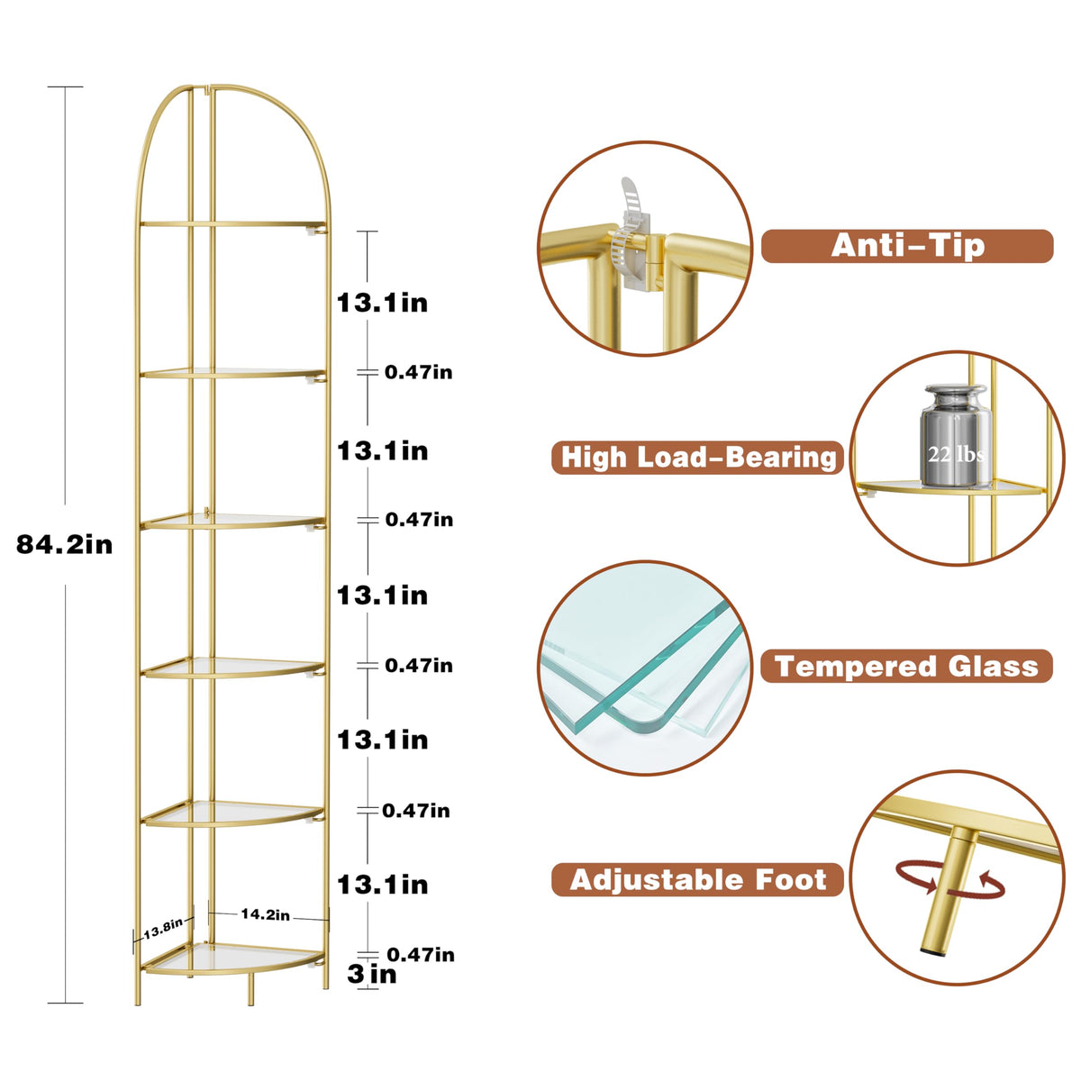 Crofy Foldable 6 Tier Corner Shelf, Metal Corner Plant Stand with Gold Frame and Transparent Shelves, Corner Display Rack Multipurpose Shelving Unit for Living Room, Bedroom, Bathroom