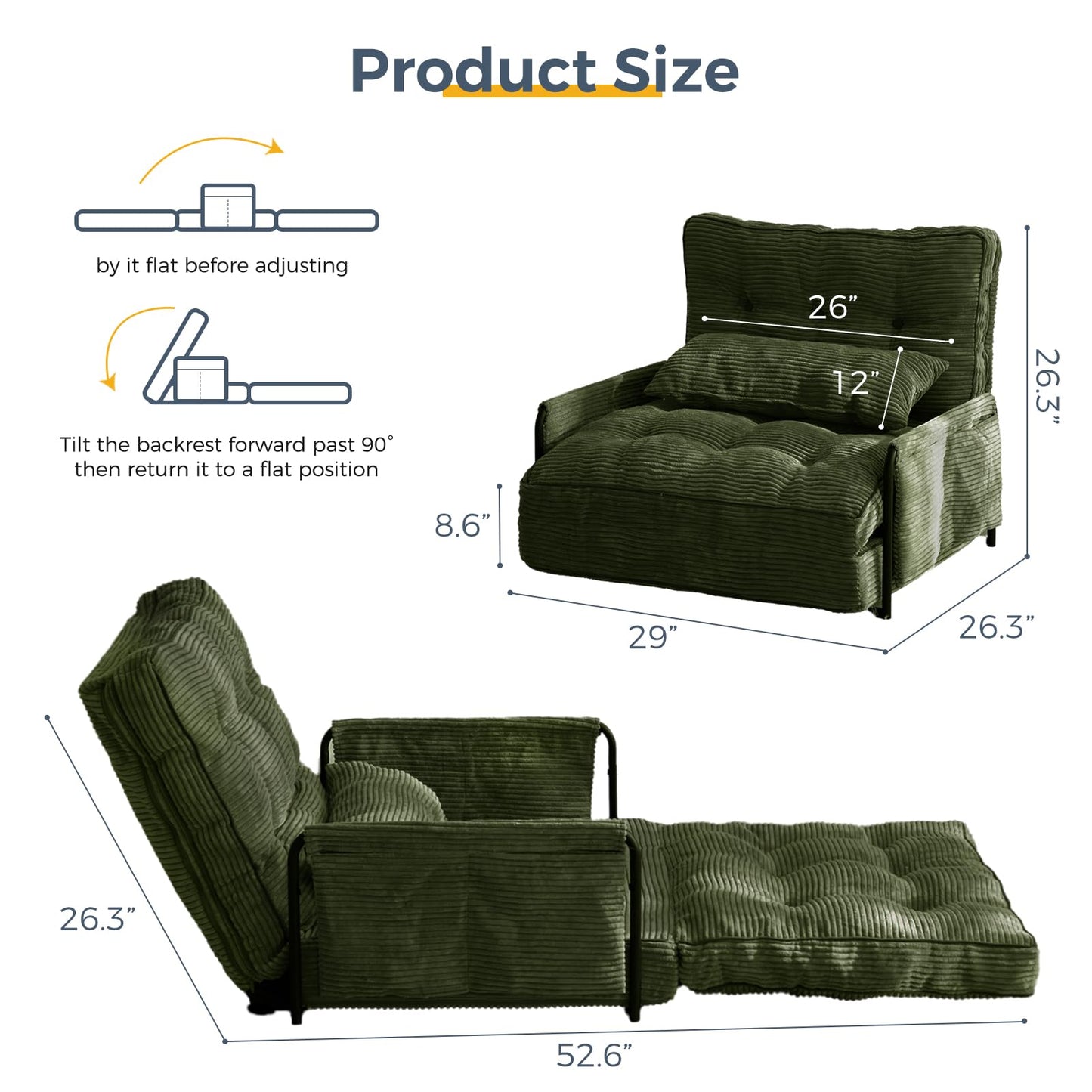 MAXYOYO Adjustable Floor Sofa Couch with Pillow, Multi-Functional Bean Bag Bed, 5-Position Foldable Lazy Sofa Bed with Armrest, Versatile Floor Seating for Reading, Dark Green, Single